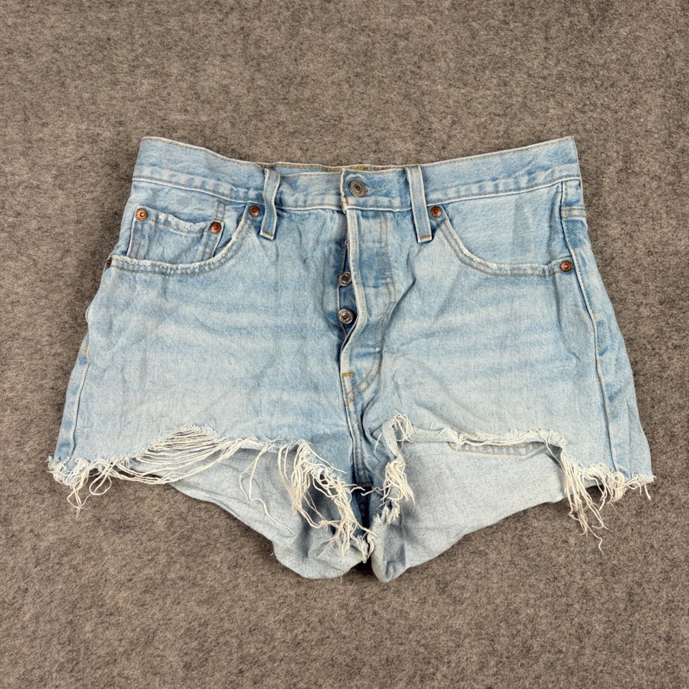 Levis 501 Shorts Women Size 29 Light Blue Denim Premium Cut Off Frayed Button